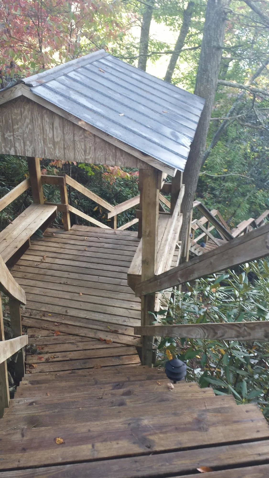 Metal roofed shelter over wooden steps on a wooded walkway — Skylight Repair & Installation work by our crew in Allison